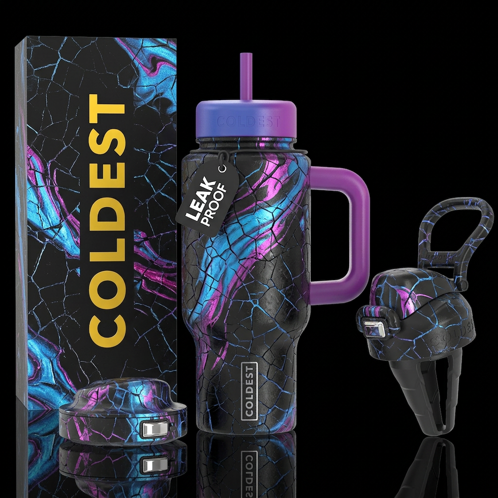 Cracked glass, shiny blue & magenta  swirl marble water bottle design