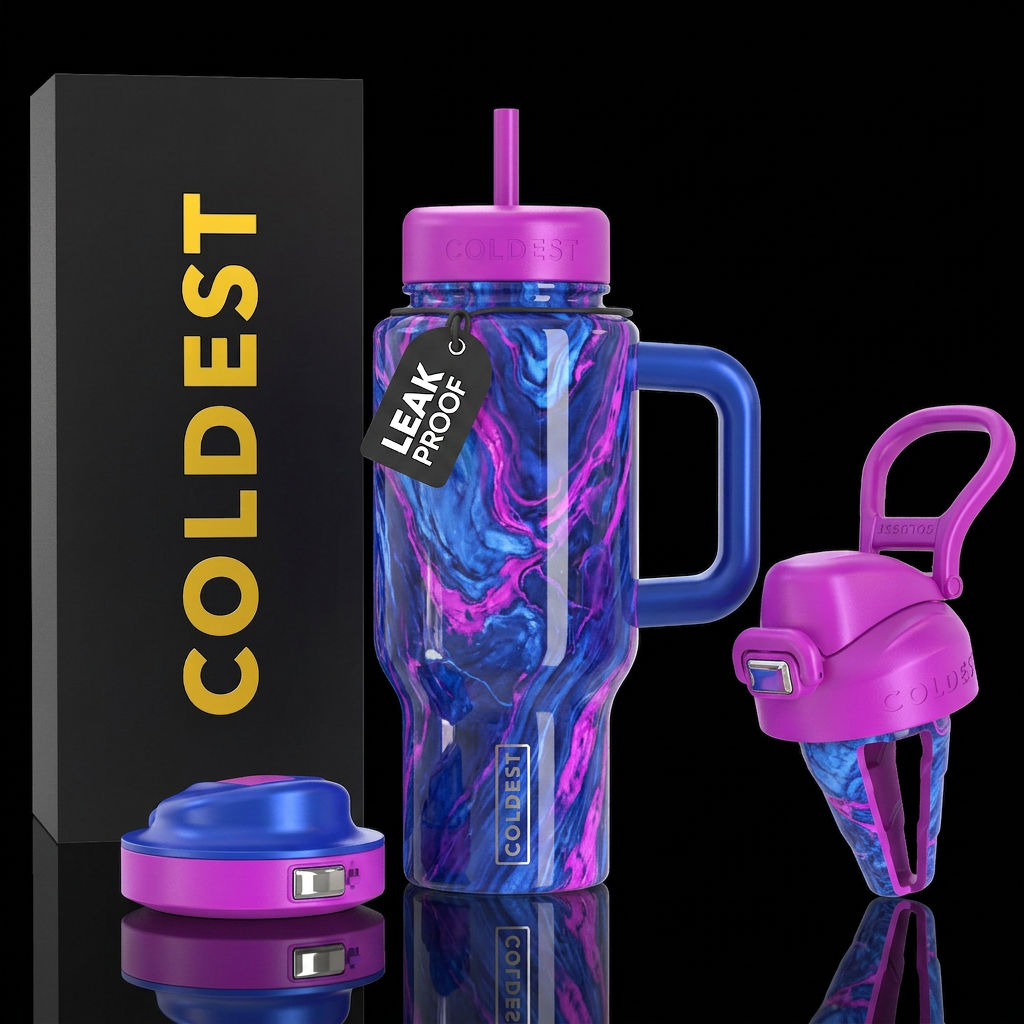 shiny blue & magenta  swirl marble water bottle design