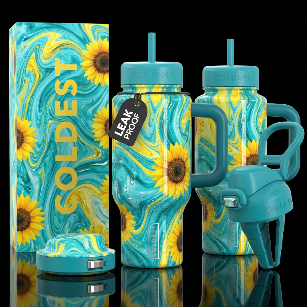 shiny turquoise & yellow with sunflowers, bright, ... water bottle design