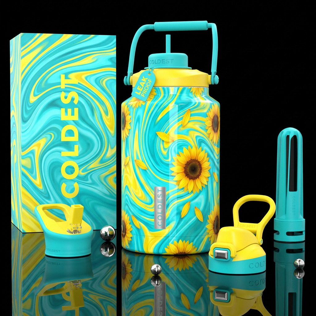 shiny turquoise & yellow with sunflowers, bright, ... water bottle design