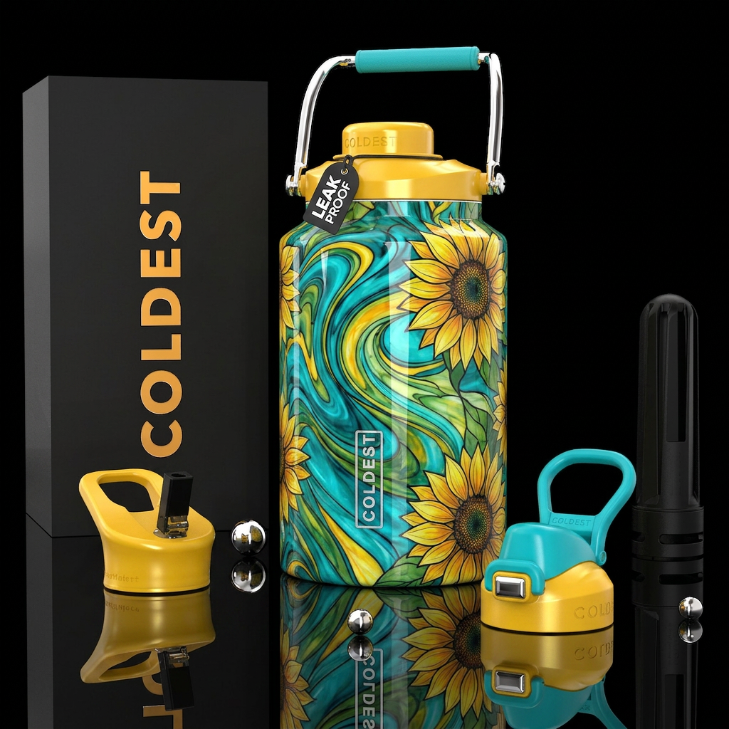 shiny turquoise & yellow with sunflowers, bright, ... water bottle design