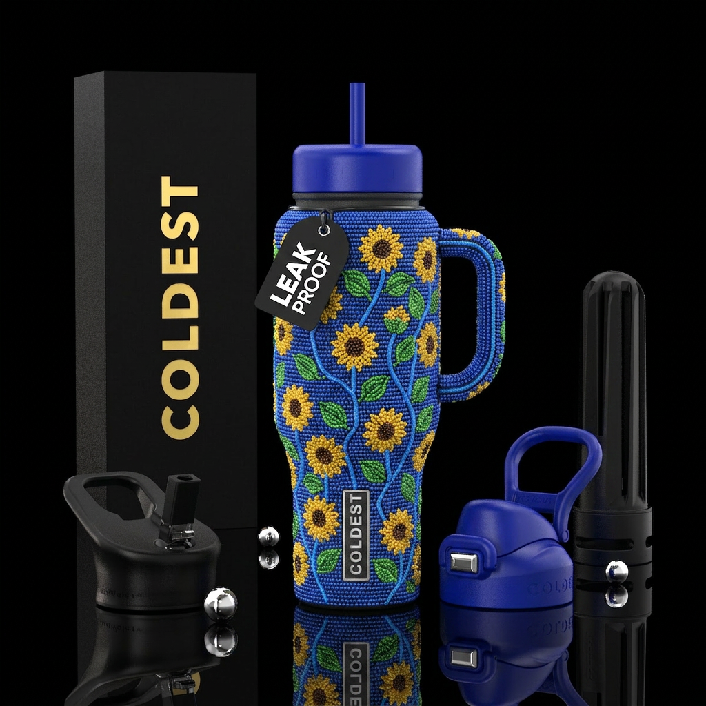 Beaded sunflowers w/ blue stems & green leaves, sh... water bottle design