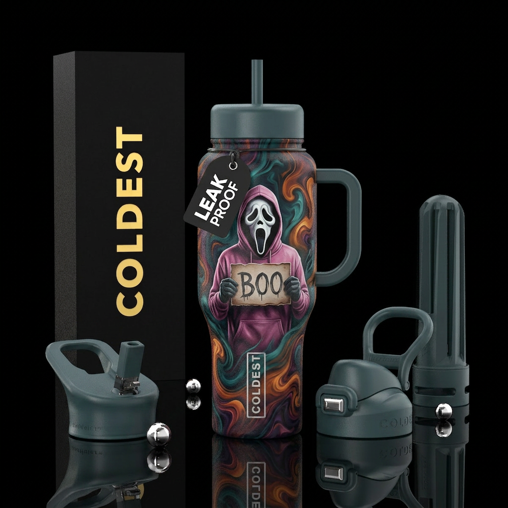 Ghost face in a pinkish purple hoodie hold a sigh ... water bottle design