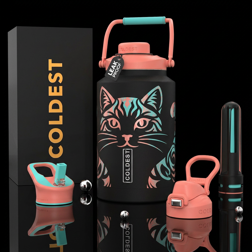 color light coral & turquoise cat face w/ whiskers water bottle design