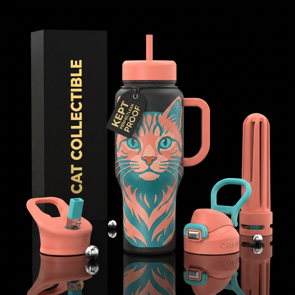 color light coral & turquoise cat face w/ whiskers water bottle design