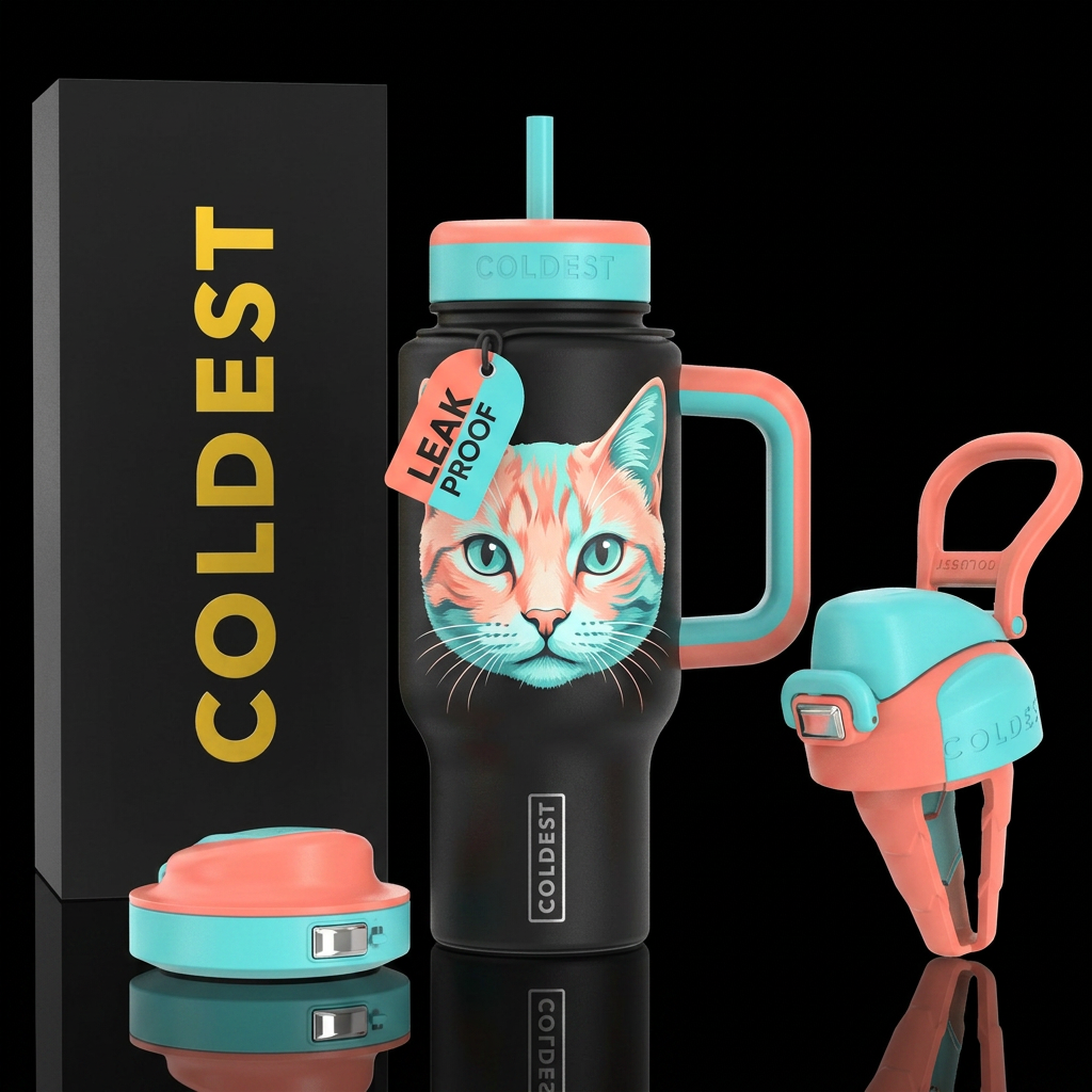color light coral & turquoise cat face w/ whiskers water bottle design