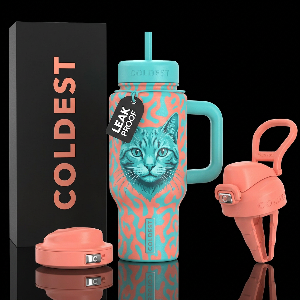 color light coral & turquoise cat face w/ whiskers water bottle design