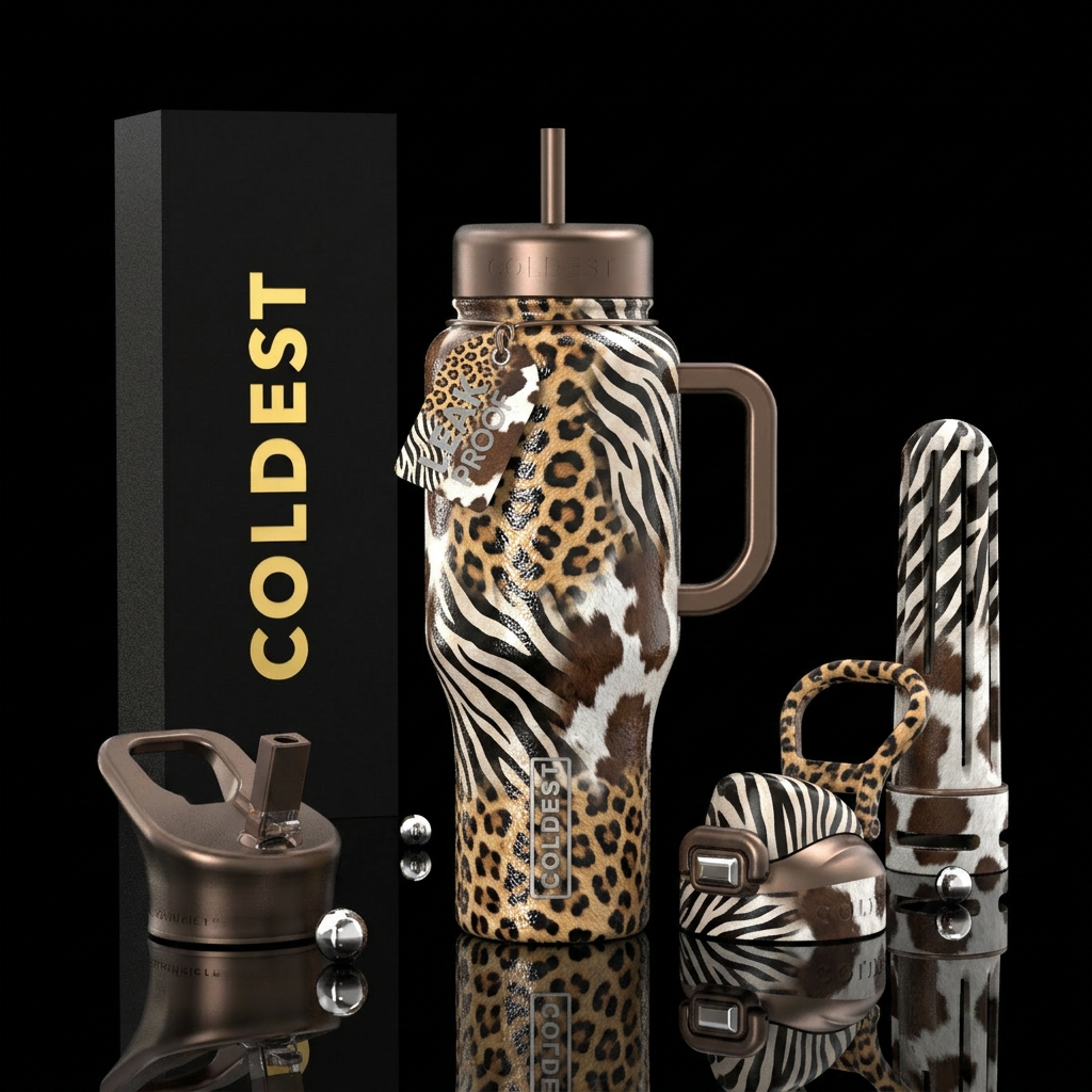 Leopard, zebra skin & Cow print, shiny water bottle design