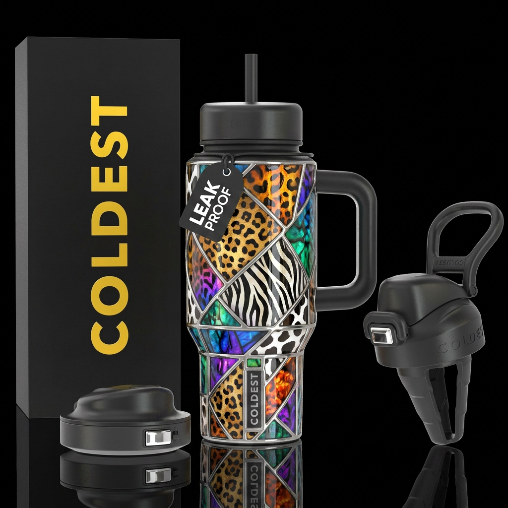 Leopard, zebra skin & Cow print marble stained gla... water bottle design