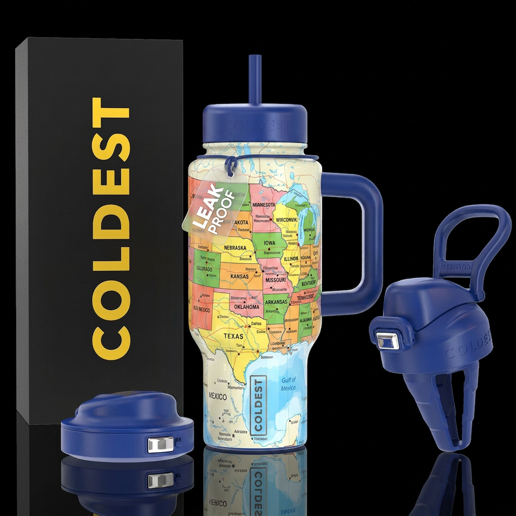Map of the usa, shiny, easy to read dark lettering... water bottle design