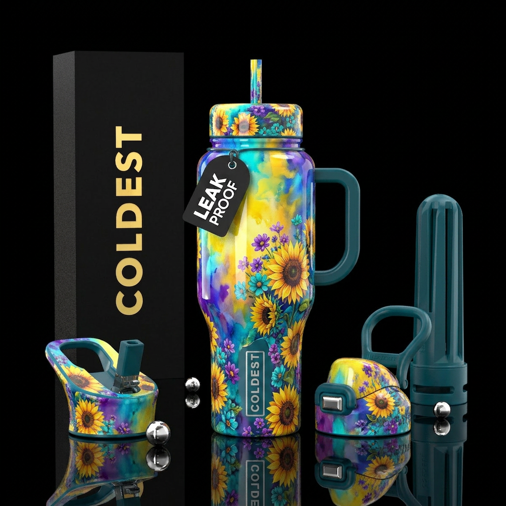 Sunflowers, Purple & teal background,  glossy, vib... water bottle design