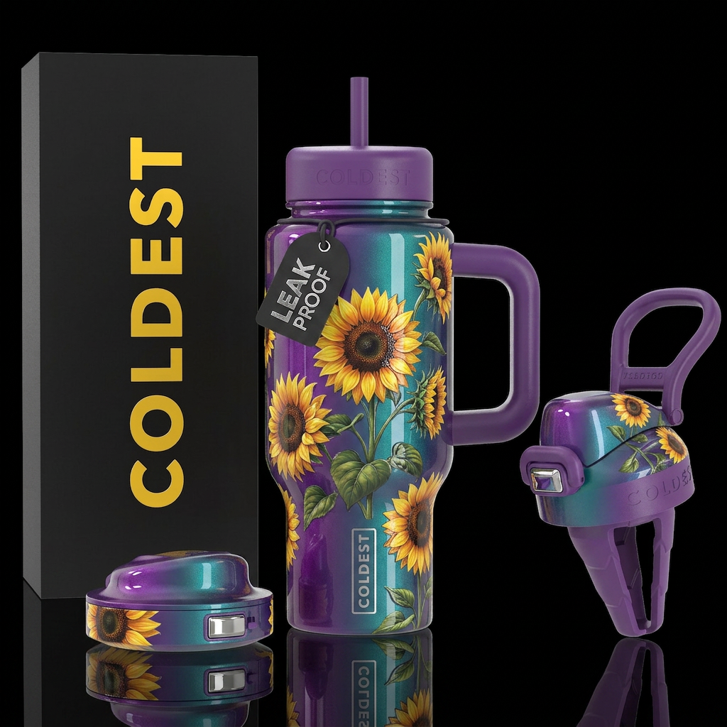 Sunflowers, Purple & teal background,  glossy, vib... water bottle design