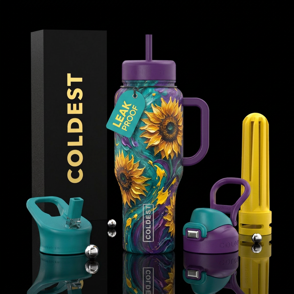 Sunflowers, teal & purple with yellow oil splashes... water bottle design