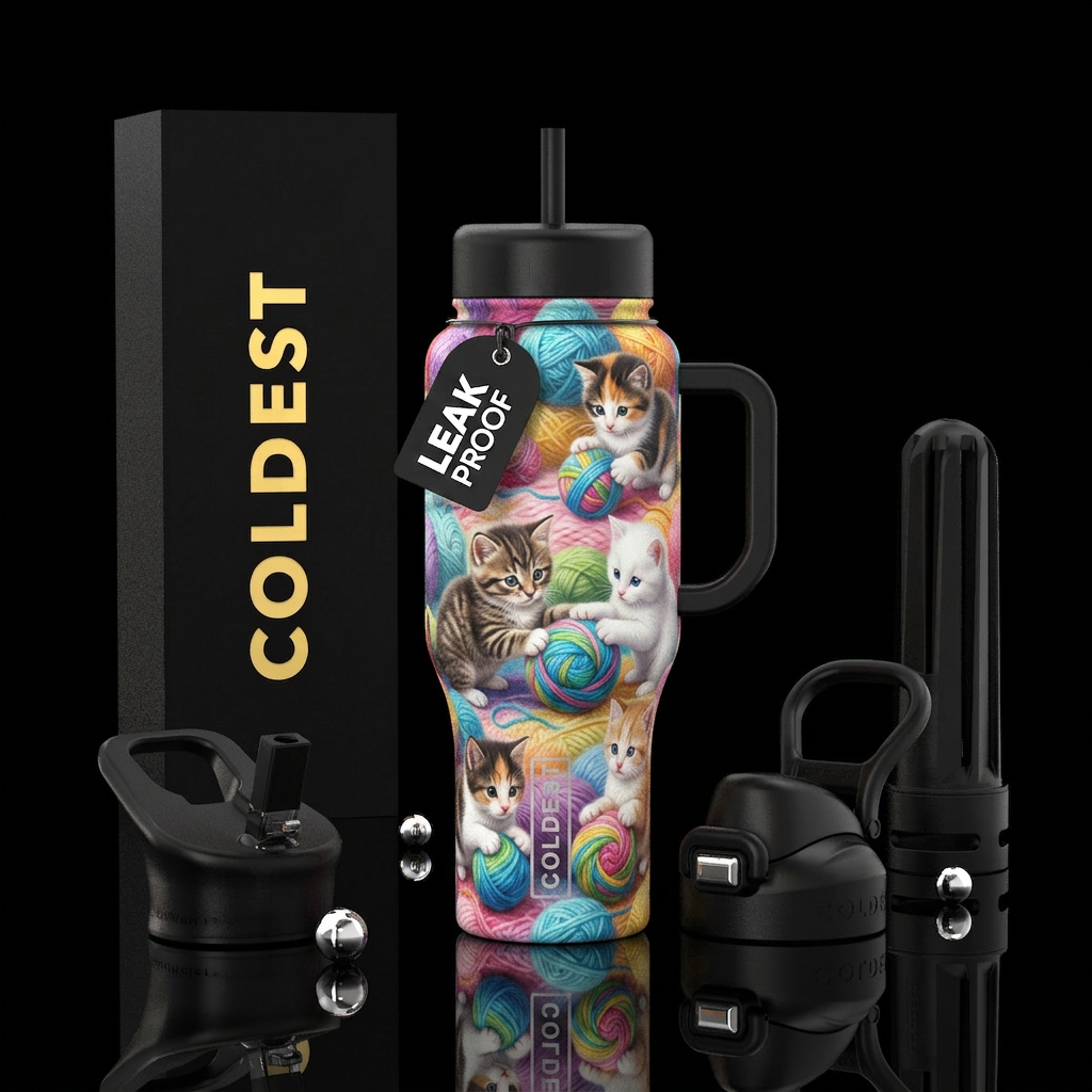 Kittens play with crochet balls, cute, glossy water bottle design