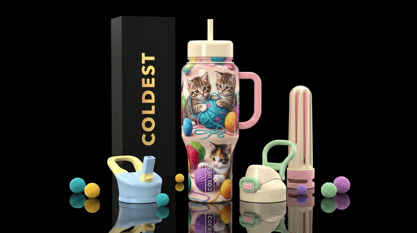 Kittens play with crochet balls,  cute, glossy water bottle design