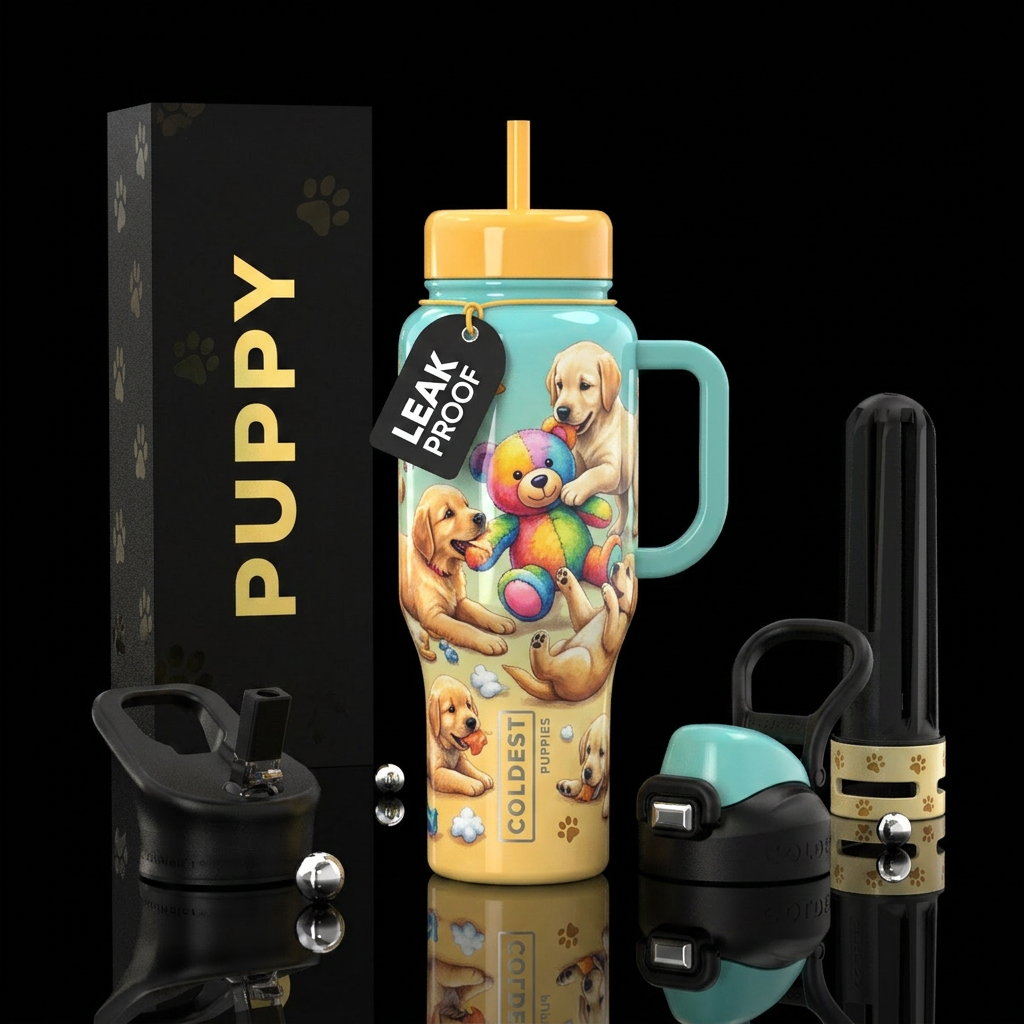 Puppies playing with a stuffed animal,  cute, glos... water bottle design