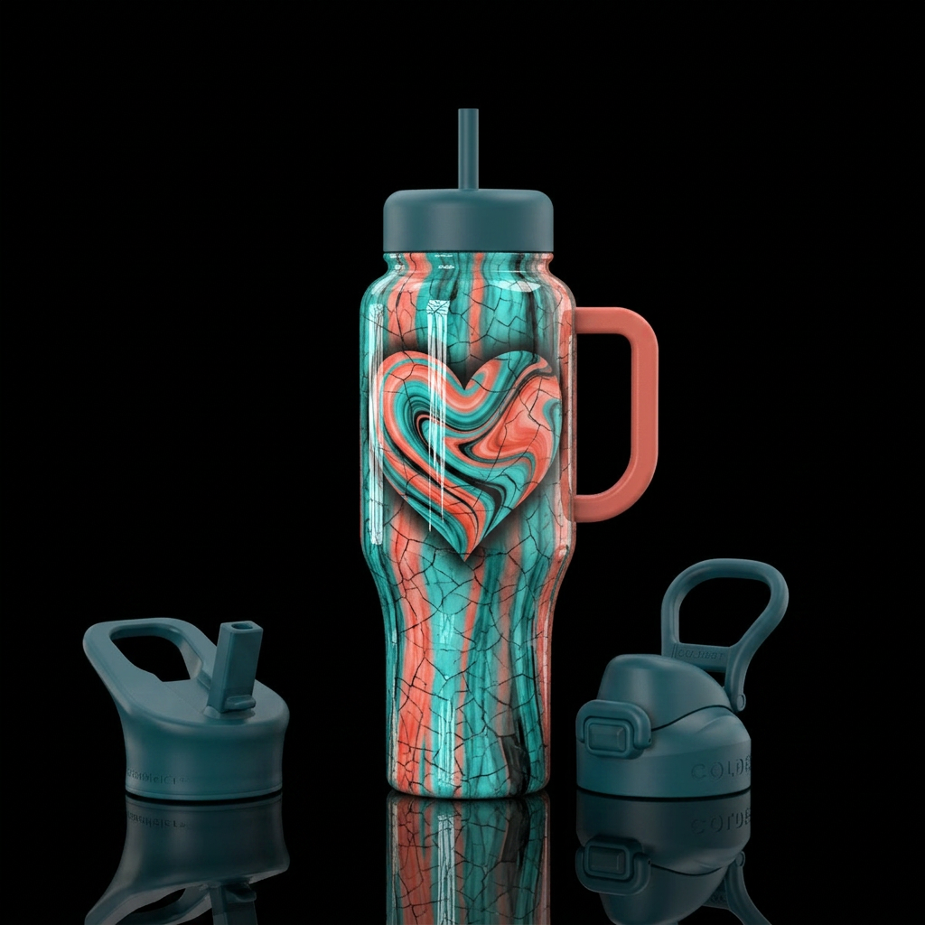 Cracked glass, teal & coral up & down marble lines... water bottle design