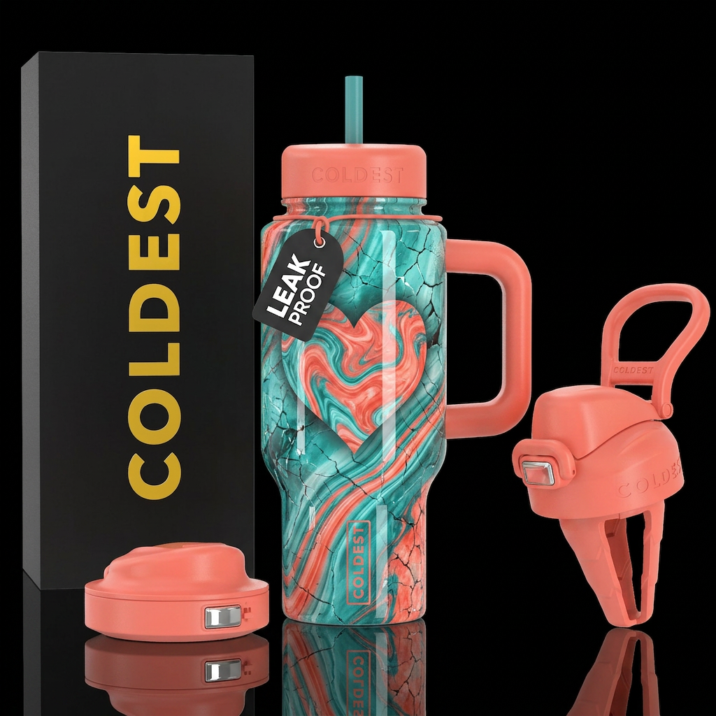 Cracked glass, teal & coral up & down marble lines... water bottle design