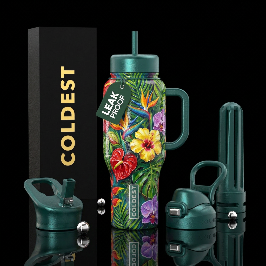 Oil painted, Hawaiian plants & flowers, glossy water bottle design