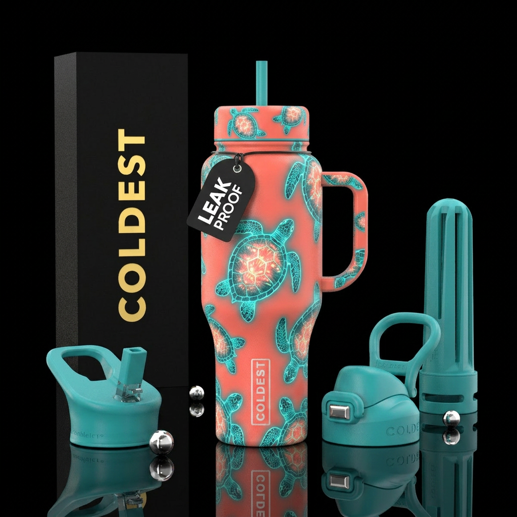 Teal & Coral, Glowie sea turtles water bottle design