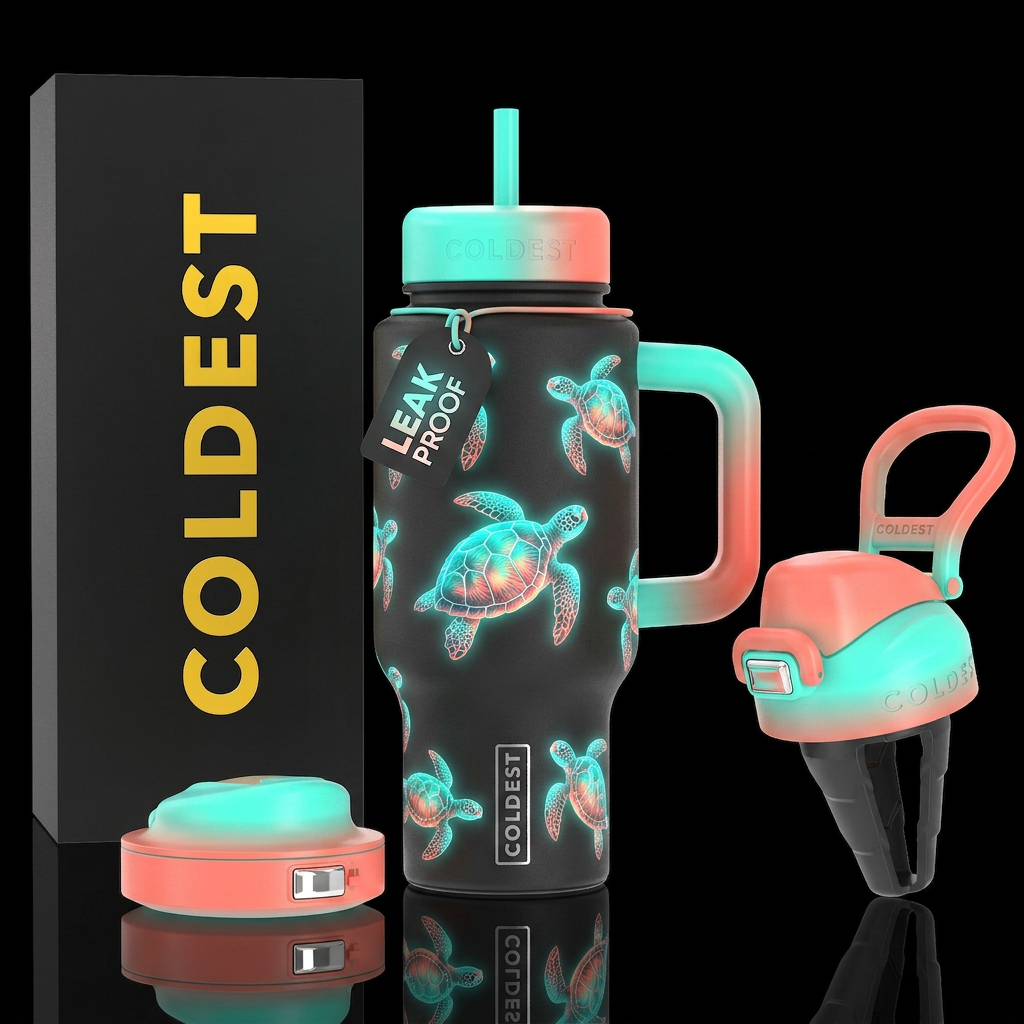 Teal & Coral, Glowie sea turtles water bottle design
