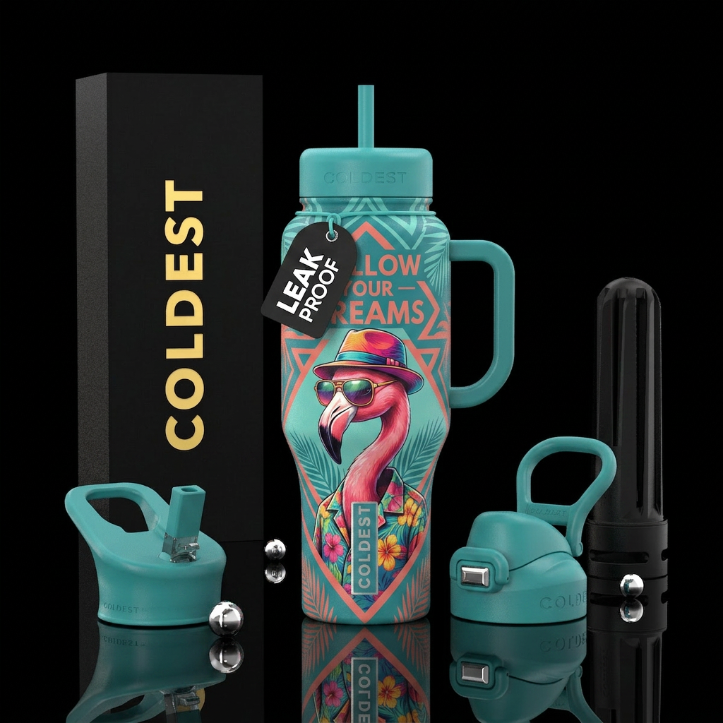 Teal & coral, A pink flamingo with a hat, sunglass... water bottle design
