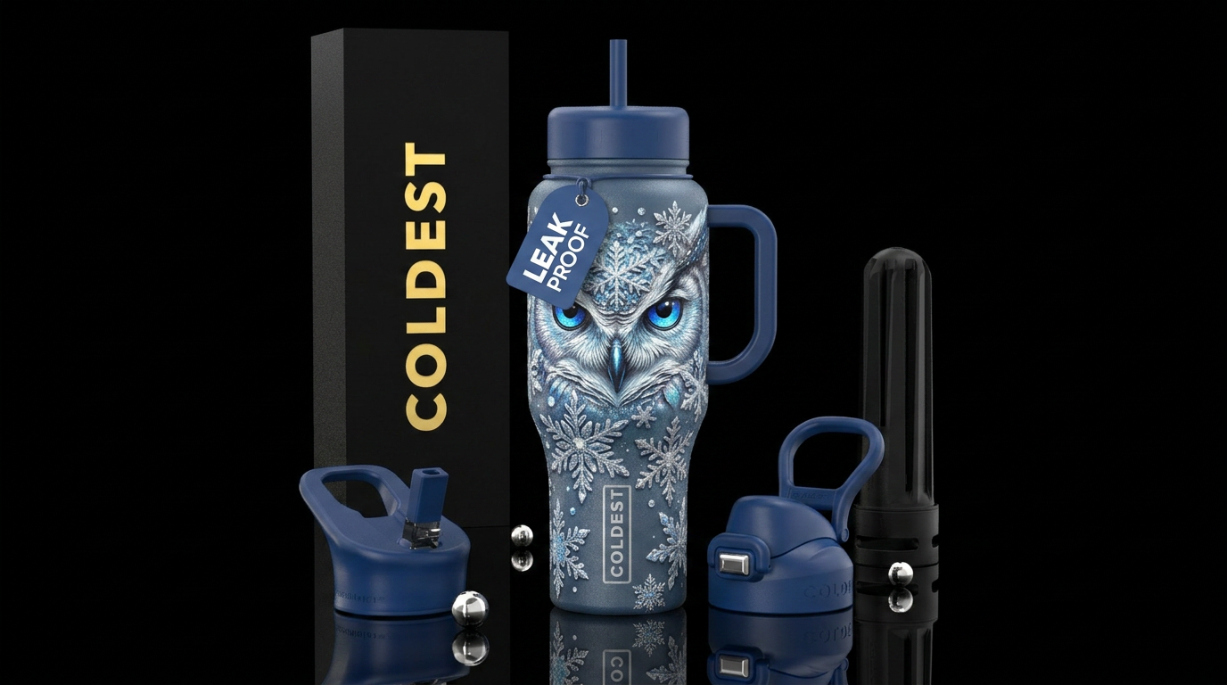 Crystal glittery snowflakes and a snow owl blue ey... water bottle design
