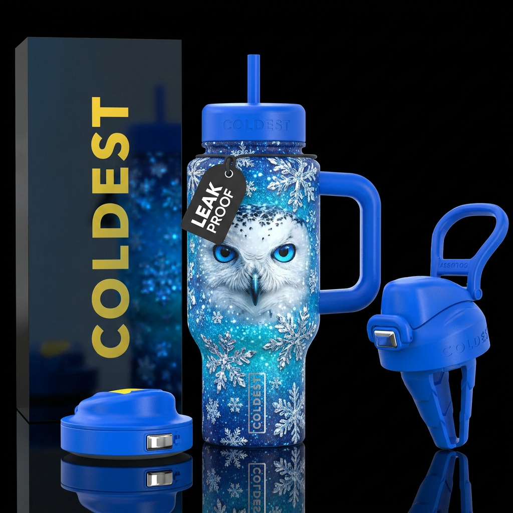 Crystal glittery snowflakes and a snow owl blue ey... water bottle design