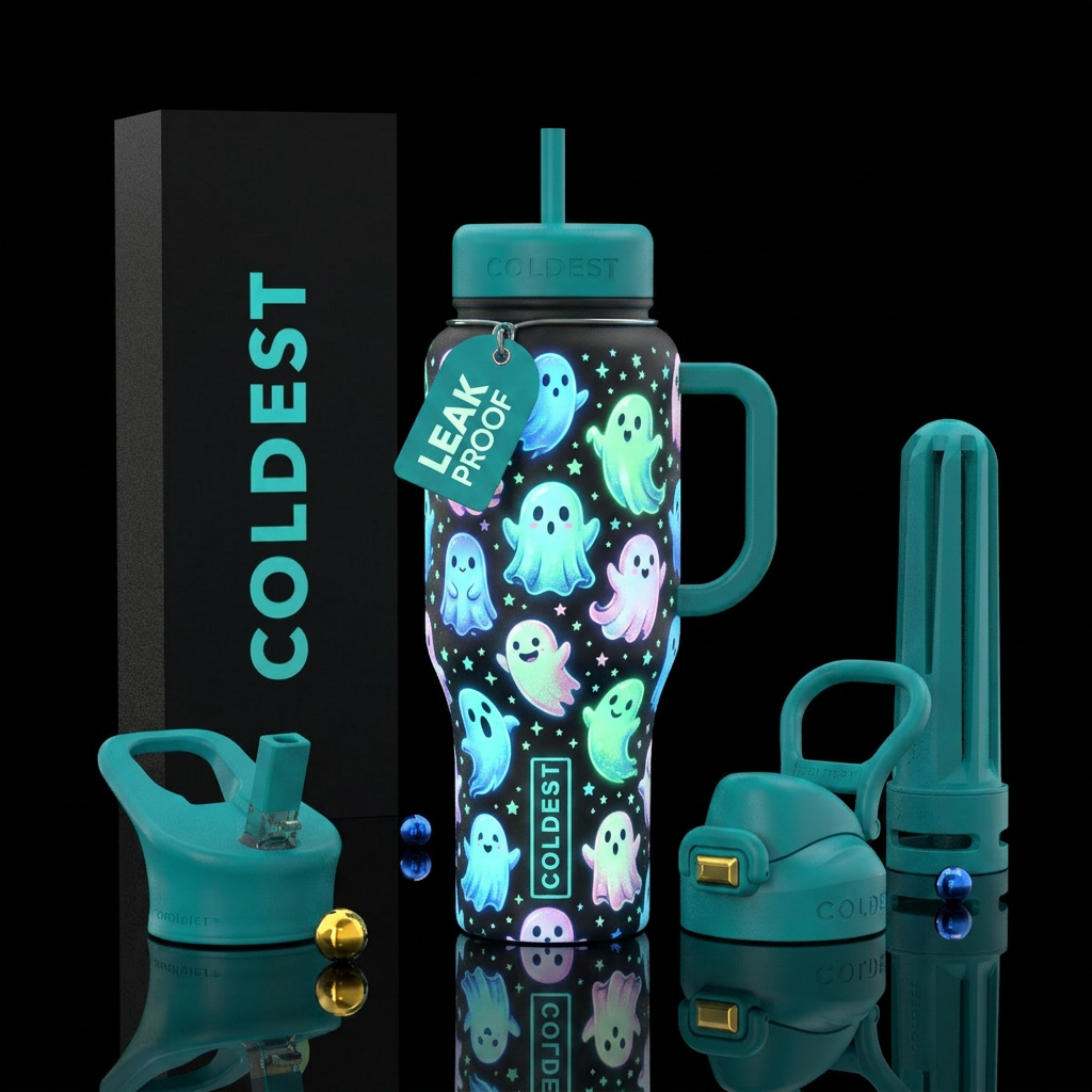 Glow in the dark ghost & stars water bottle design