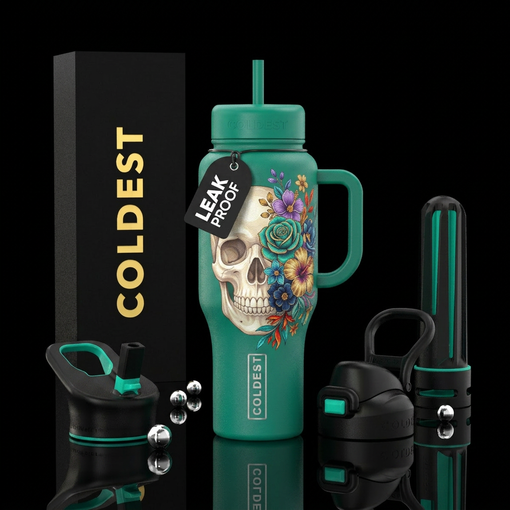 A big skull with flowers on 1 side of it water bottle design