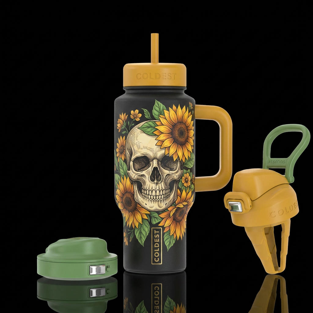 A skull with sunflowers water bottle design