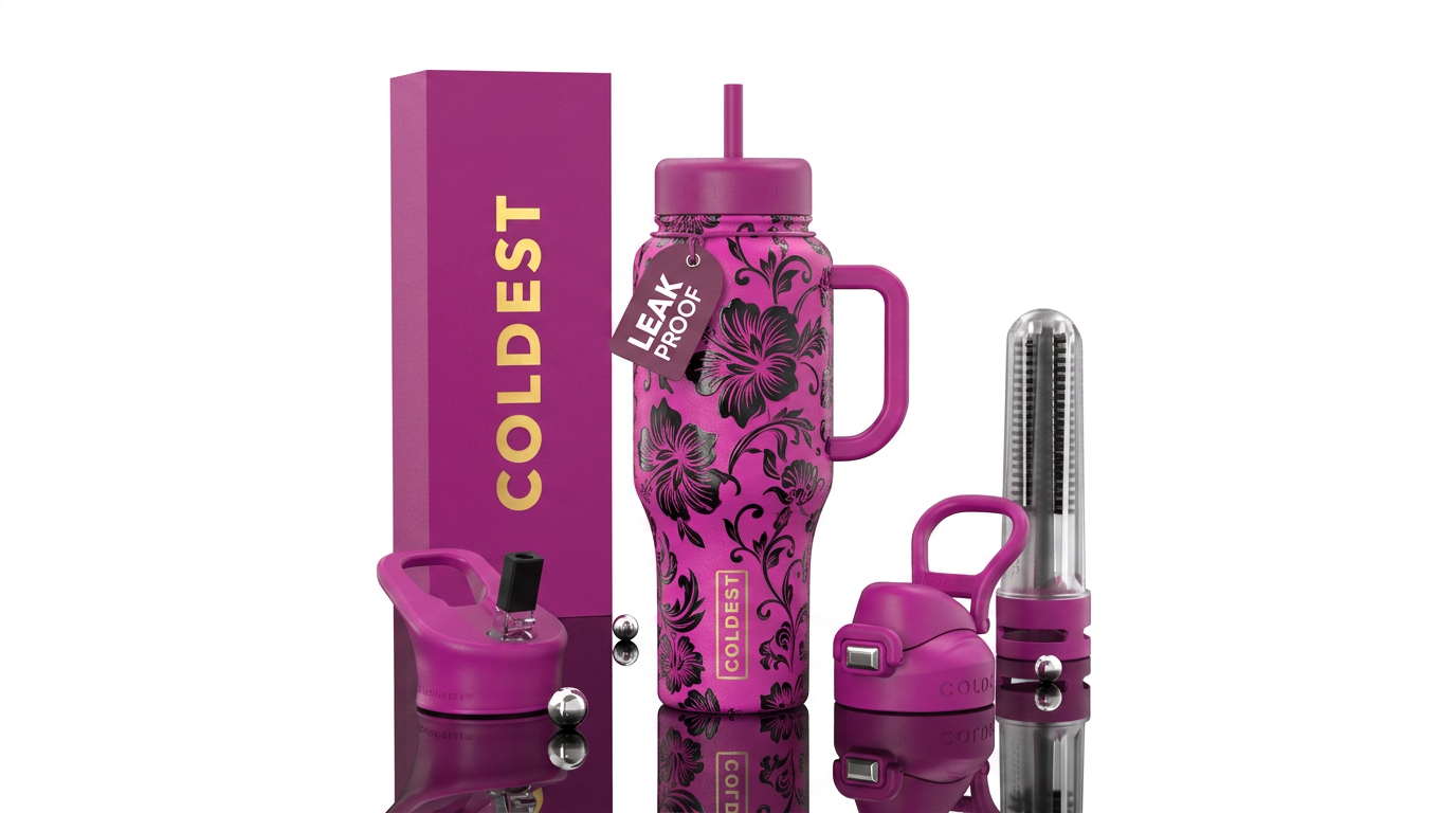 Magenta bottle black flowers water bottle design