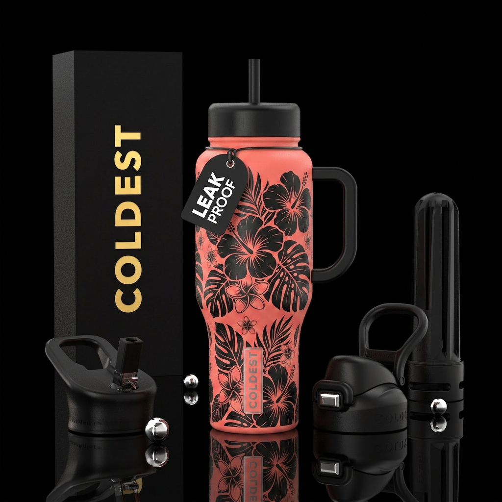 Coral bottle black Hawaiian  flowers water bottle design