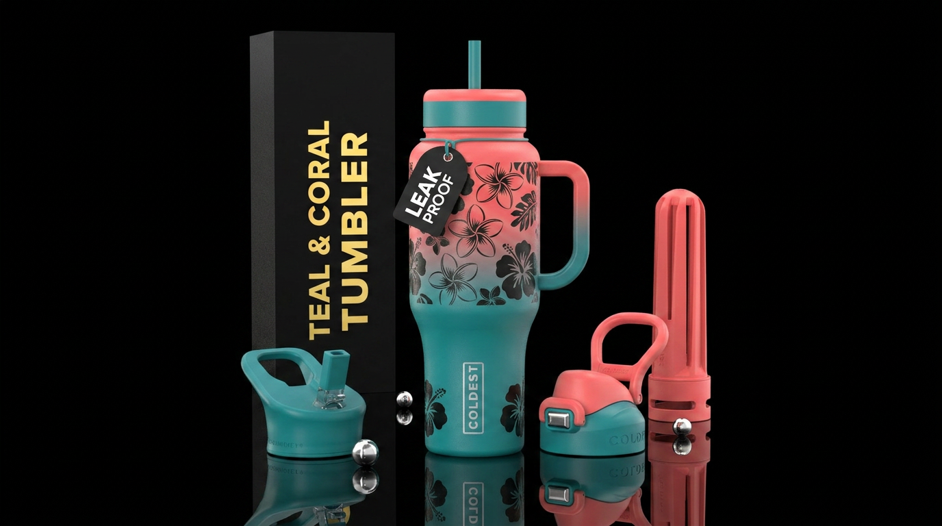 Teal & coral ombre bottle black Hawaiian  flowers water bottle design