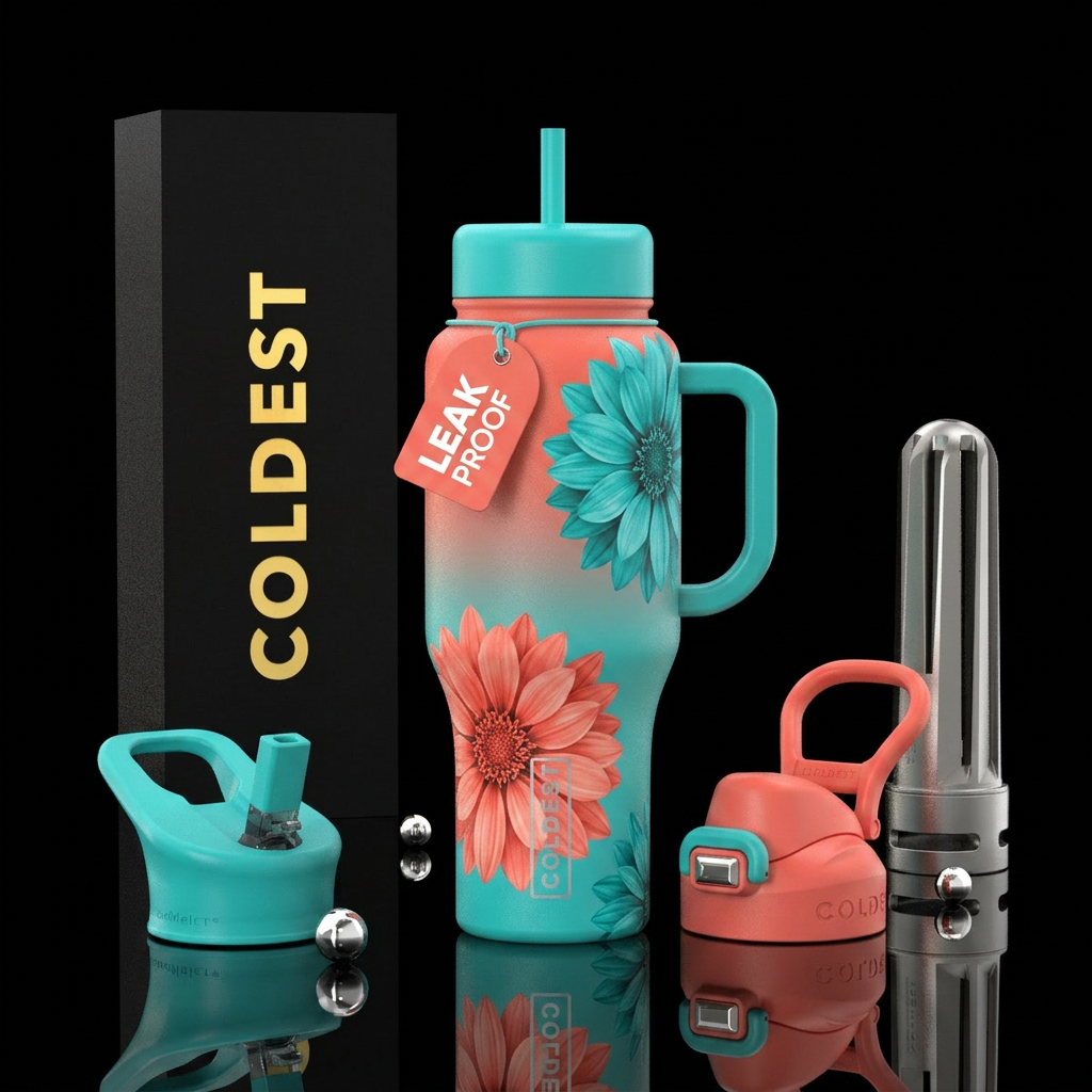 Teal & coral ombre bottle with opposite colored fl... water bottle design