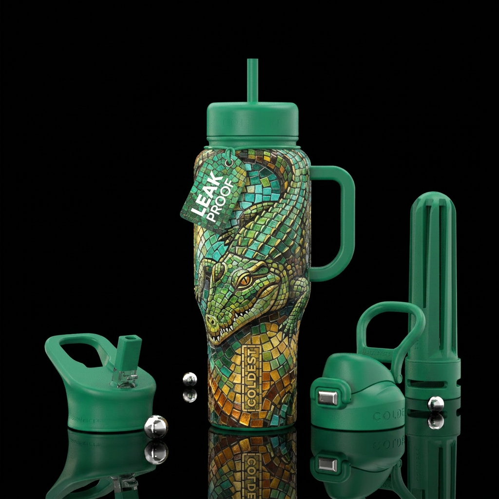 crocodile, mosaic water bottle design