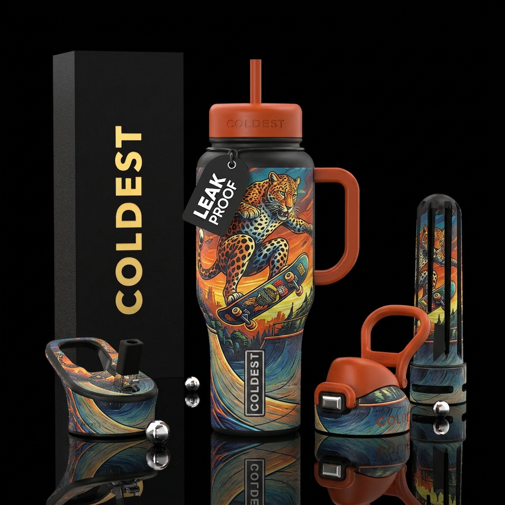 skateboarding, leopard water bottle design