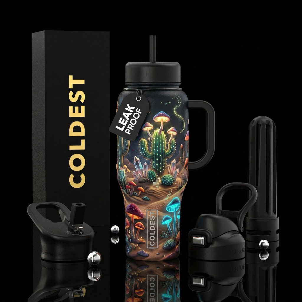 enchanted, desert, mushroom forest water bottle design