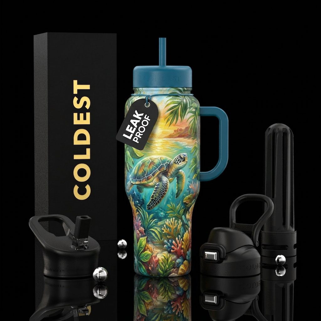 oil painting, summer vibes, midsummer, turtle water bottle design