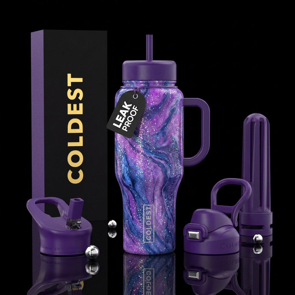 Purple & blue marble glitter water bottle design