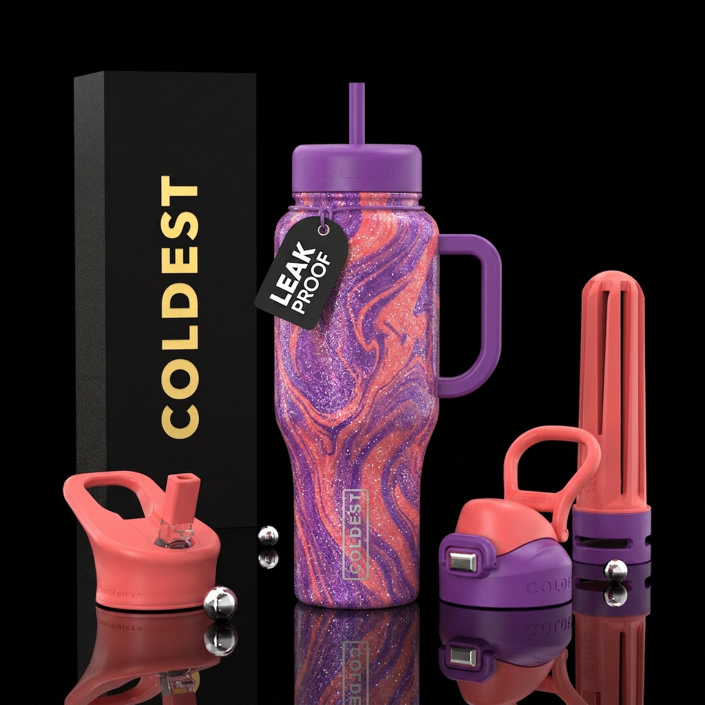 Purple & coral marble glitter water bottle design