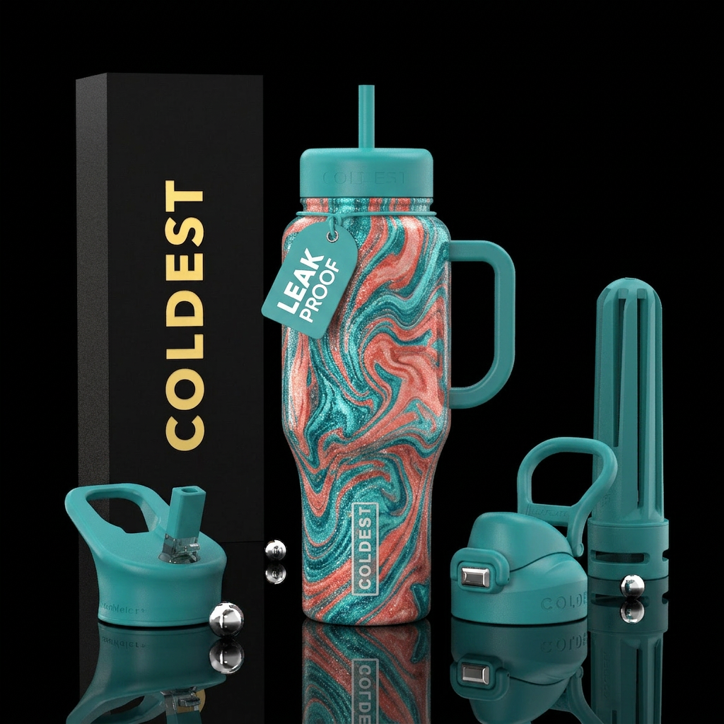 Teal & coral marble glitter water bottle design
