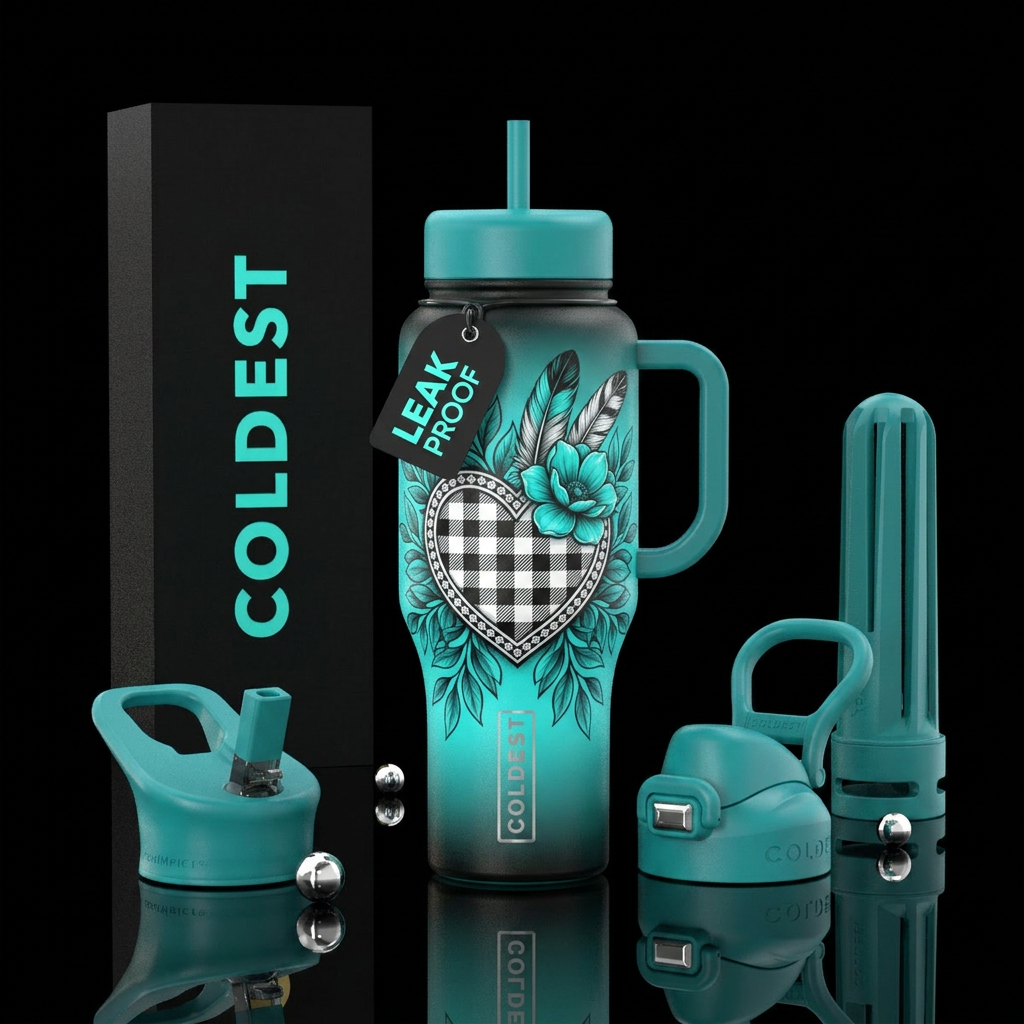 Teal background light black over teal on top & bot... water bottle design
