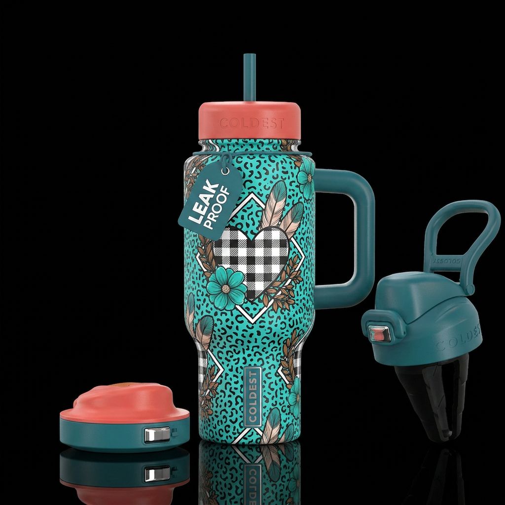 Coral background light black over teal on top & bo... water bottle design