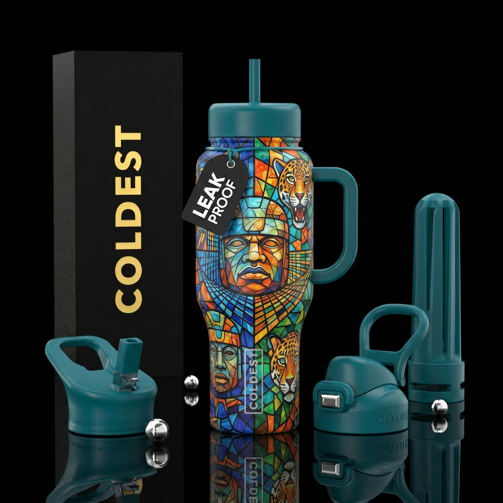 olmec, op art, stained glass, energetic water bottle design