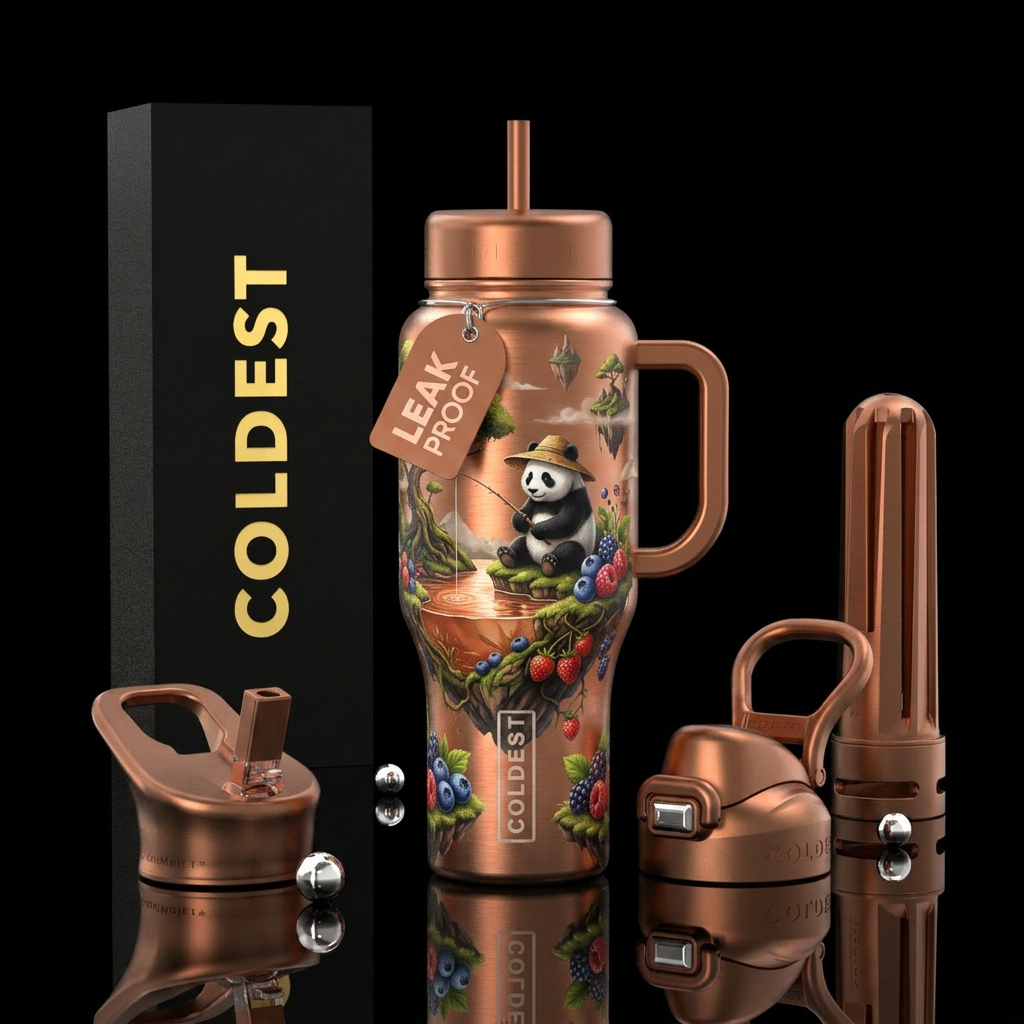 panda, berries, floating islands, fishing, copper water bottle design