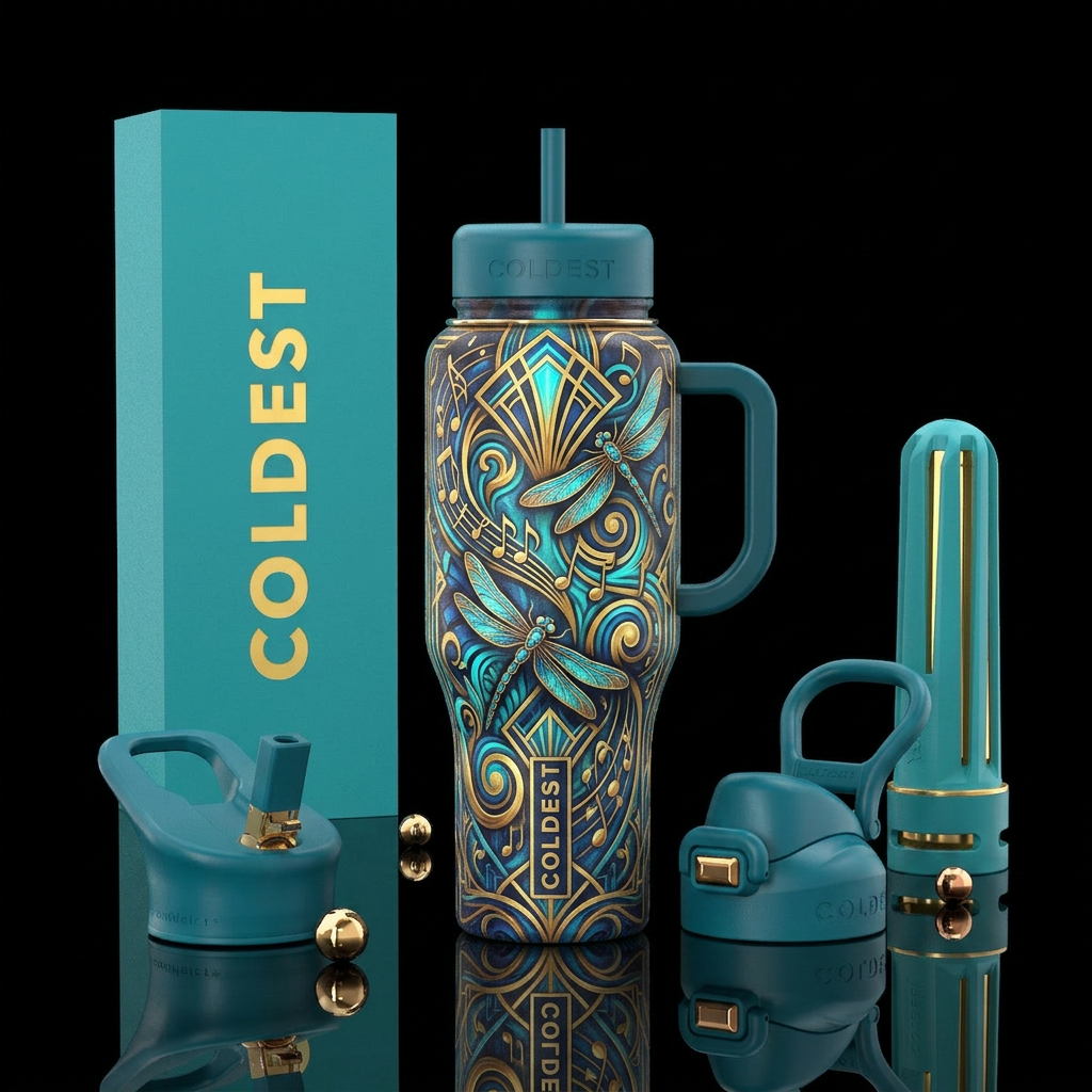 roaring twenties, music notes, dragonfly, turquois... water bottle design