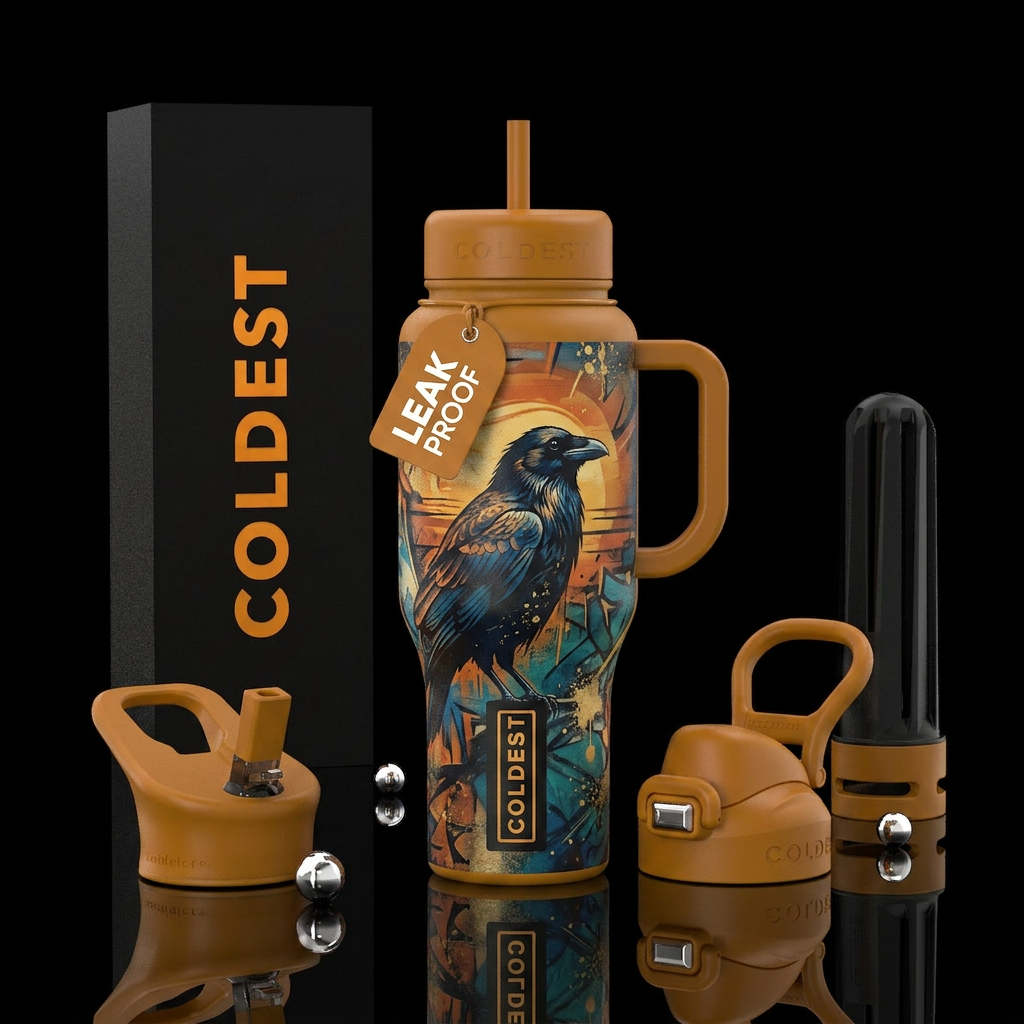 raven, sunrise, street art, ochre water bottle design