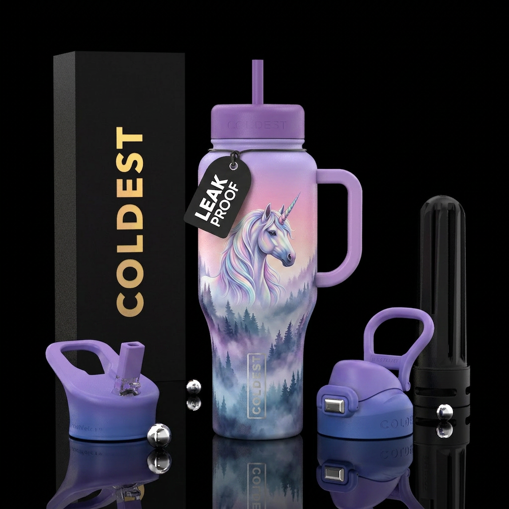 unicorn, misty forest, ombre water bottle design