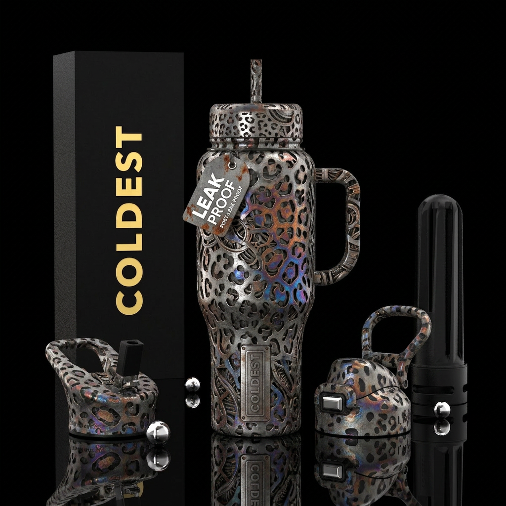 post-apocalyptic, monochrome, cheetah water bottle design